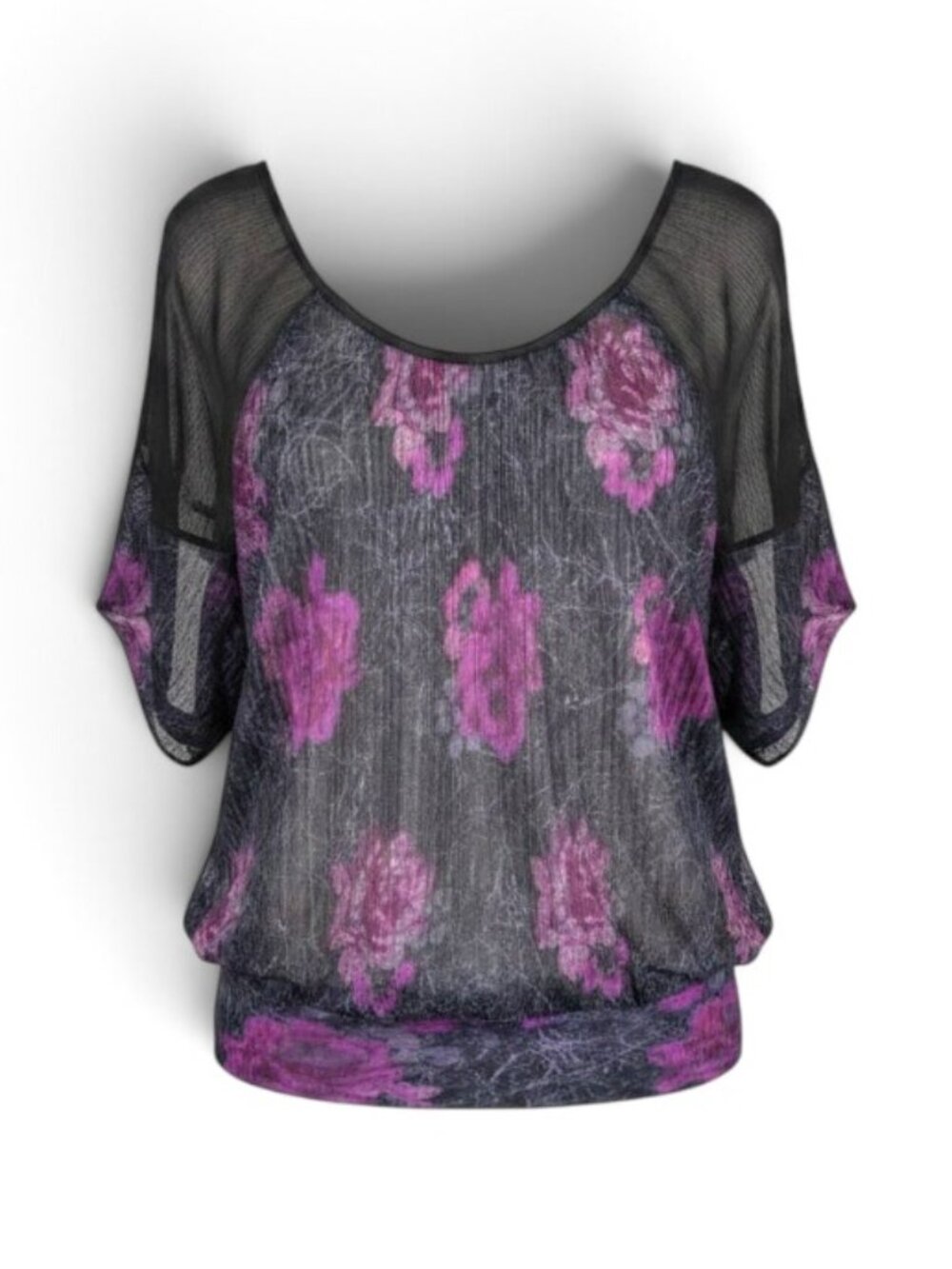 Y2k Free People Women’s Sheer Floral Mesh Blouse Top Black Purple Pink S